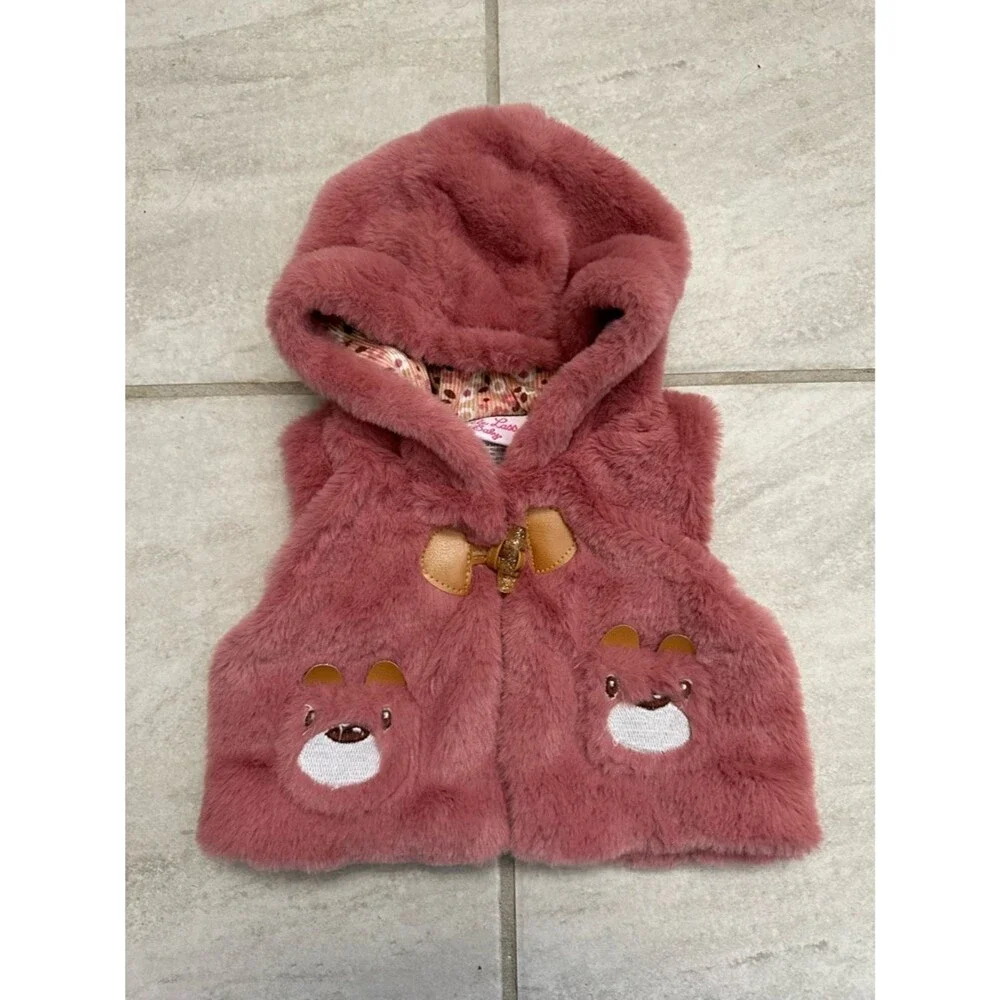 Little Lass Baby Girl Pink Plush Hooded Baby Vest Bear Pockets Size 0-3M Cute